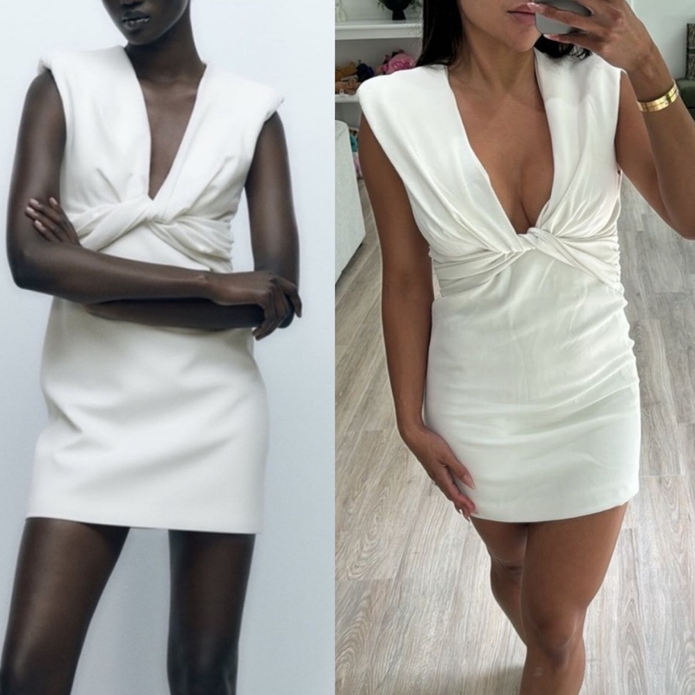 Zara NWT Short sleeveless V-neck mini dress with shoulder pads pleated front